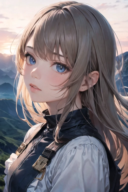 1girl,floating hair,soothing tones, muted colors,cute detailed face,(hyperrealism,sharp),mountainous horizon,