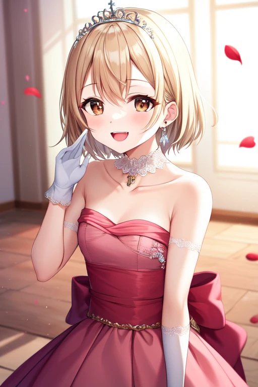 bridal, collarbone, earrings, brown eyes, white gloves, POV, petals, tiara, blonde hair, short hair, :d