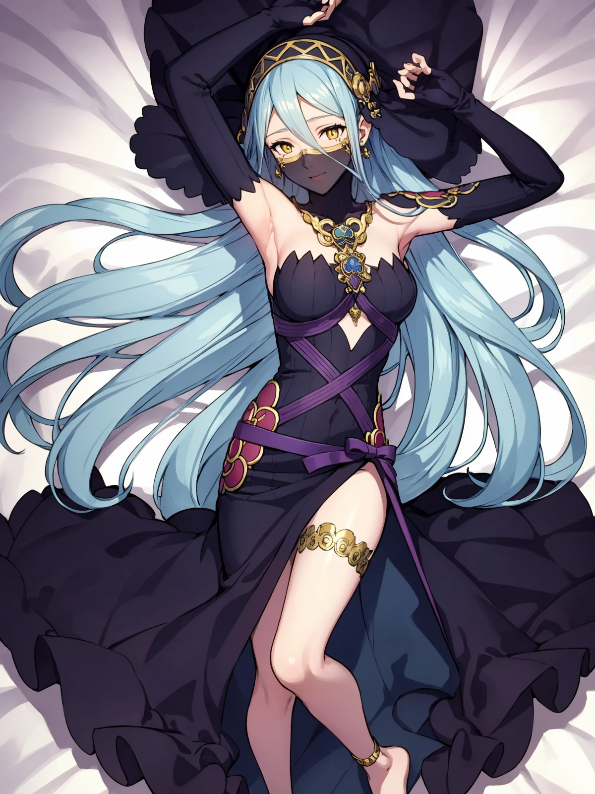 (extremely detailed CG, best quality:1.1), 1girl, perfect face, bright pupils, (finely detailed beautiful eyes:1.1), yellow eyes, wide hips, narrow waist, very long hair, hair between eyes, veil, elbow gloves, fingerless gloves, jewelry, dress, (mouth veil:1.2), barefoot, anklet, (single leg pantyhose:1.2), <lora:AzuraPerformingArtsSuit:0.6>
