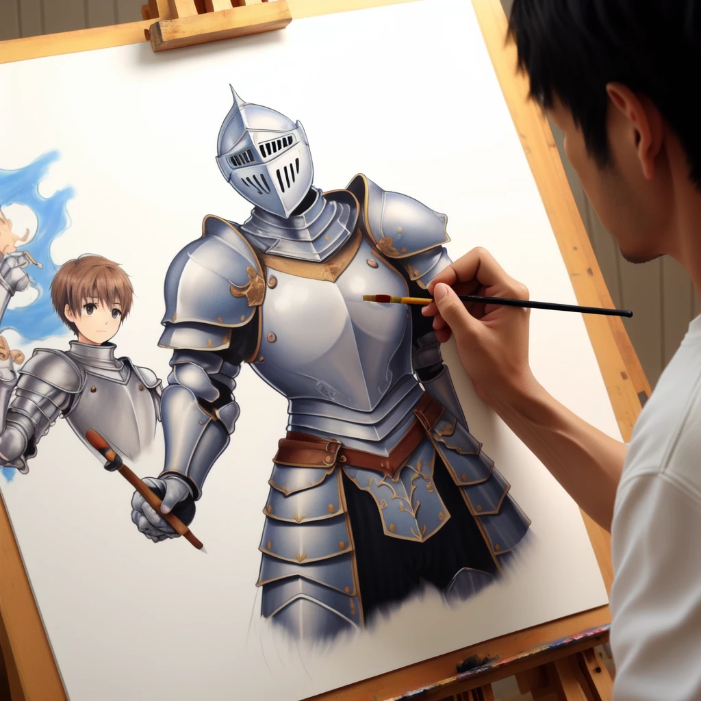 <lora:artist_hands_v2:0.7>, detailed armored knight shaped illustration, holding paintbrush, painting (action), art brush, holding paintbrush, 2boys