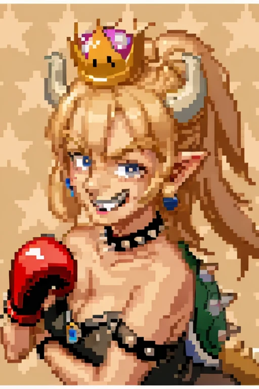 <lora:Super Punch Out Portraits (SNES)-000002:0.7>, super_punch_out_portrait, white border, star_patterned_background, boxing glove, <lora:bowsetteCharacterLora_v10:0.95> bare shoulders, earrings, ponytail, teeth, pointy ears, looking at viewer, long hair, armlet, sharp teeth, spiked armlet, tail, blush, smile, open mouth, strapless, nail polish, hair between eyes, spiked shell, turtle shell, thighhighs, leotard, black dress, dress, cleavage