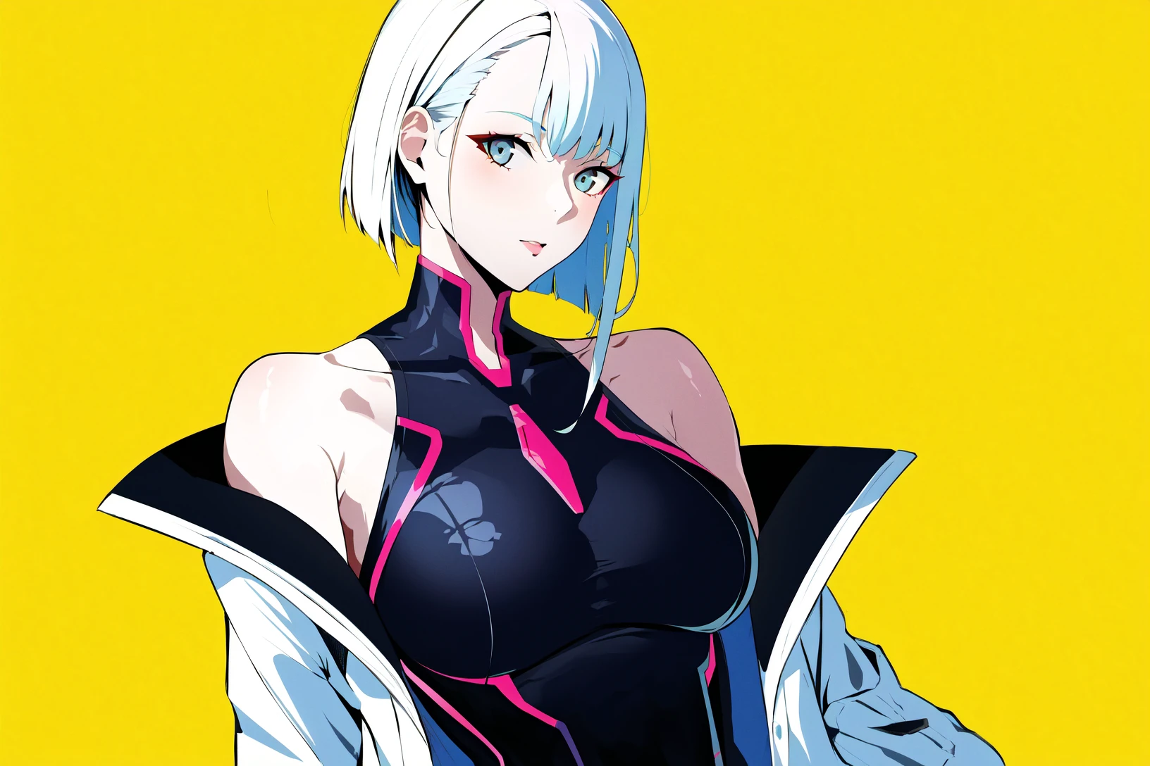 lucy \(cyberpunk\), 1girl,solo,looking at viewer, cyberpunk, cyborg,yellow background,neon lights,white hair,short hair,off-shoulder jacket,open jacket,turtleneck leotard cyberpunk \(series\), cyberpunk edgerunners,(mature female),(masterpiece:1.2),(best quality:1.2), <lora:lucy_offset:0.7>, <lora:cyberpunk-v1.5-nai-9ep-resize:0.35>