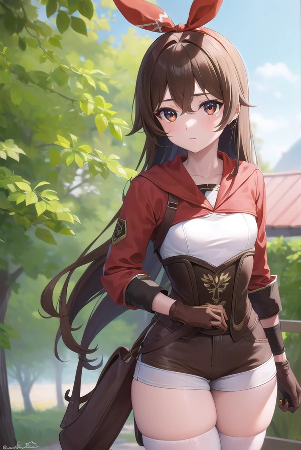 genshinamber, <lora:genshinamber-lora-nochekaiser:1>,
amber, brown hair, long hair, (brown eyes:1.5), hair between eyes, hair ribbon, ribbon, red ribbon, (small breasts:1.2),
BREAK brown shorts, long sleeves, white thighhighs, shorts, thighhighs, jacket, crop jacket, red jacket, corset, gloves, brown gloves,
BREAK outdoors, nature, forest,
BREAK looking at viewer, (cowboy shot:1.5), upper body,
BREAK <lyco:GoodHands-beta2:1>, (masterpiece:1.2), best quality, high resolution, unity 8k wallpaper, (illustration:0.8), (beautiful detailed eyes:1.6), extremely detailed face, perfect lighting, extremely detailed CG, (perfect hands, perfect anatomy),