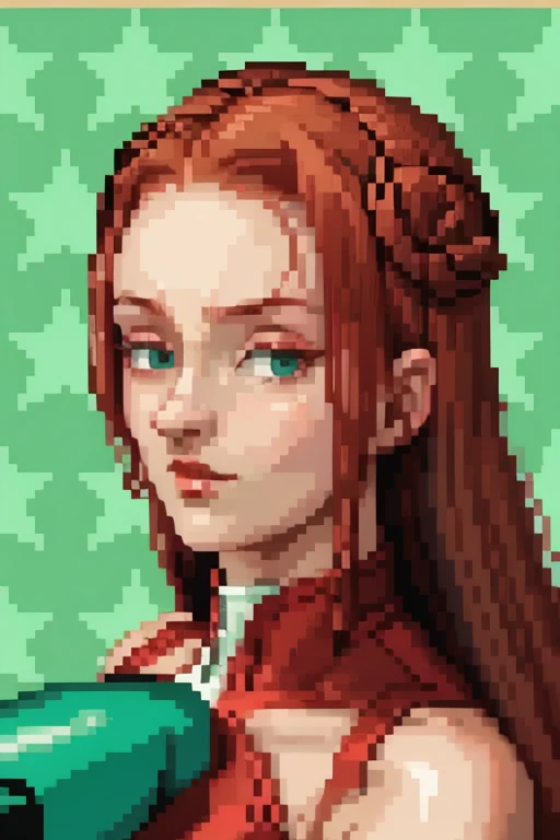 <lora:SNES Super Punch Out Portraits V2-000003:0.75> super_punch_out_portrait, white border, star_patterned_background, boxing glove, green background, <lora:Sansa Stark:1> Sansa Stark, masterpiece, highest quality, highest quality visuals, highest details