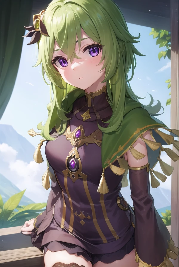 collei, <lora:collei-lora-nochekaiser:1>,
collei, crossed bangs, green hair, hair ornament, medium hair, (purple eyes:1.1), sidelocks,
BREAK black gloves, black skirt, black straps, bridal gauntlets, brown thighhighs, capelet, detached sleeves, gem, gloves, green capelet, green gemstone, jewelry, long sleeves, puffy long sleeves, puffy sleeves, shirt, skirt, sleeveless, sleeveless shirt, thighhighs, zettai ryouiki
BREAK outdoors, nature, forest,
BREAK looking at viewer, (cowboy shot:1.5),
BREAK <lyco:GoodHands-beta2:1>, (masterpiece:1.2), best quality, high resolution, unity 8k wallpaper, (illustration:0.8), (beautiful detailed eyes:1.6), extremely detailed face, perfect lighting, extremely detailed CG, (perfect hands, perfect anatomy),