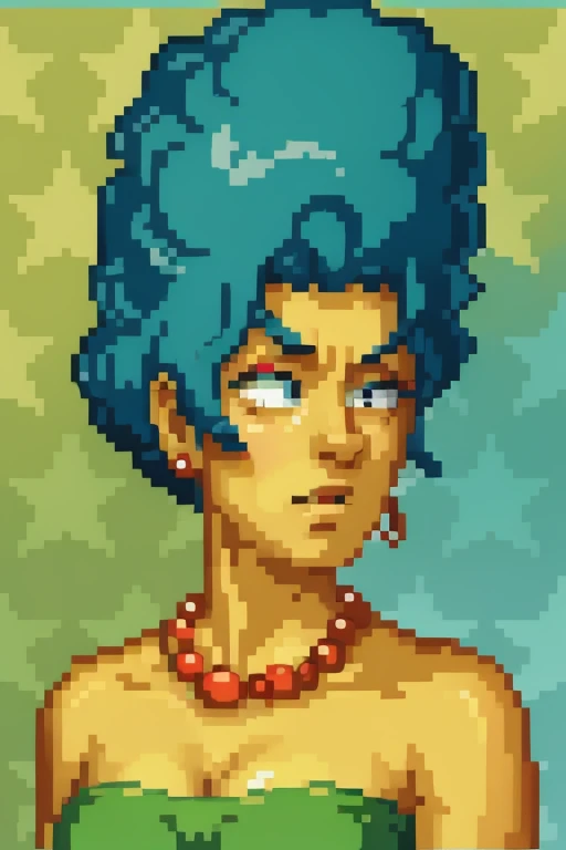 <lora:SNES Super Punch Out Portraits V2-000003:0.85> super_punch_out_portrait, white border, star_patterned_background, boxing glove, green background,  <lora:marge_simpson:1> marge simpson, solo, necklace, jewelry, 1girl, dress, yellow skin, strapless, colored skin, strapless dress, green dress, bare shoulders, masterpiece, highest quality, highest quality visuals, highest details