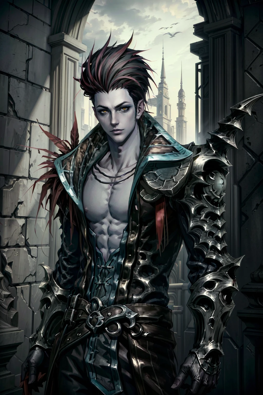 SFW, one male boy, leaning against tree, looking at viewer, detailed eyes, deep blue eyes, black hair, short hair, scar on face, open shirt, black clothes, athletic, visible abs, body chains, necklace, (black fire on hand)
