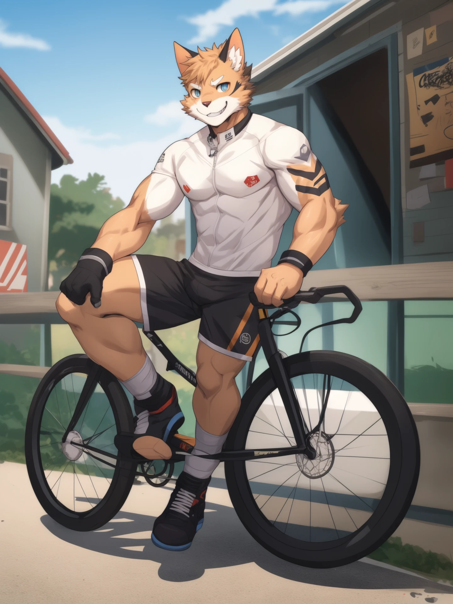 domestic cat, bike shorts, bicycle, wink, standing, by littleblackalas <lora:littleblackalasv1.0:1>