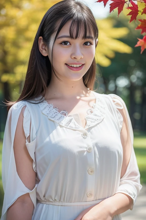 1girl,(wearing a blouse:1.2),(RAW photo, best quality), (realistic, photo-realistic:1.4), masterpiece, an extremely delicate and beautiful, extremely detailed, 2k wallpaper, Amazing, finely detail, extremely detailed CG unity 8k wallpaper, ultra-detailed, highres, soft light, beautiful detailed girl, extremely detailed eyes and face, beautiful detailed nose, beautiful detailed eyes,cinematic lighting,autumn scenery,maple trees in the background,bokeh,perfect anatomy,slender body,smiling <lora:uesakasumireV2_lora:0.8>