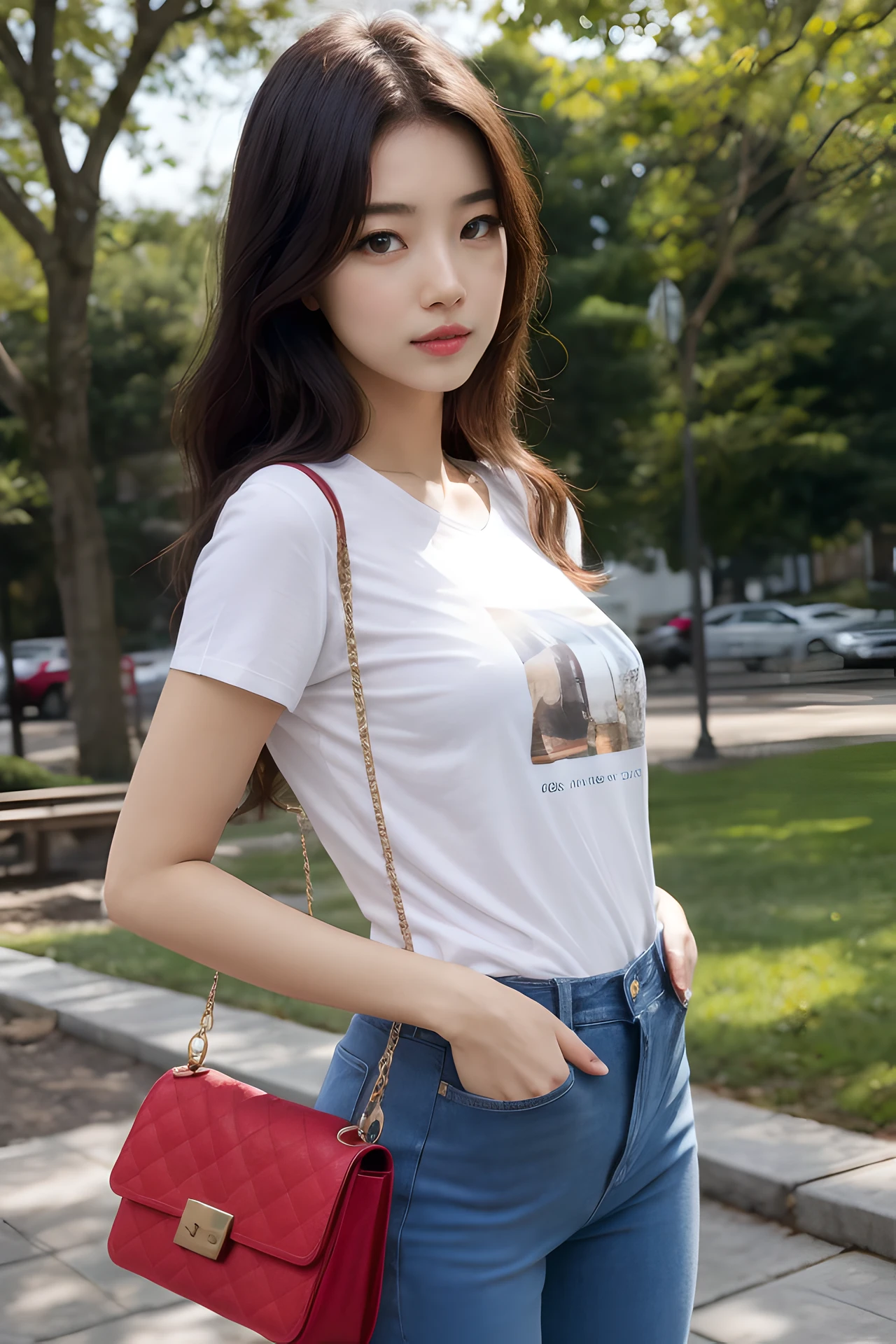 1girl , looking at viewer, tight jeans, small tshirt, outside, outdoors, park, detailed face, detailed eyes, hand bag,