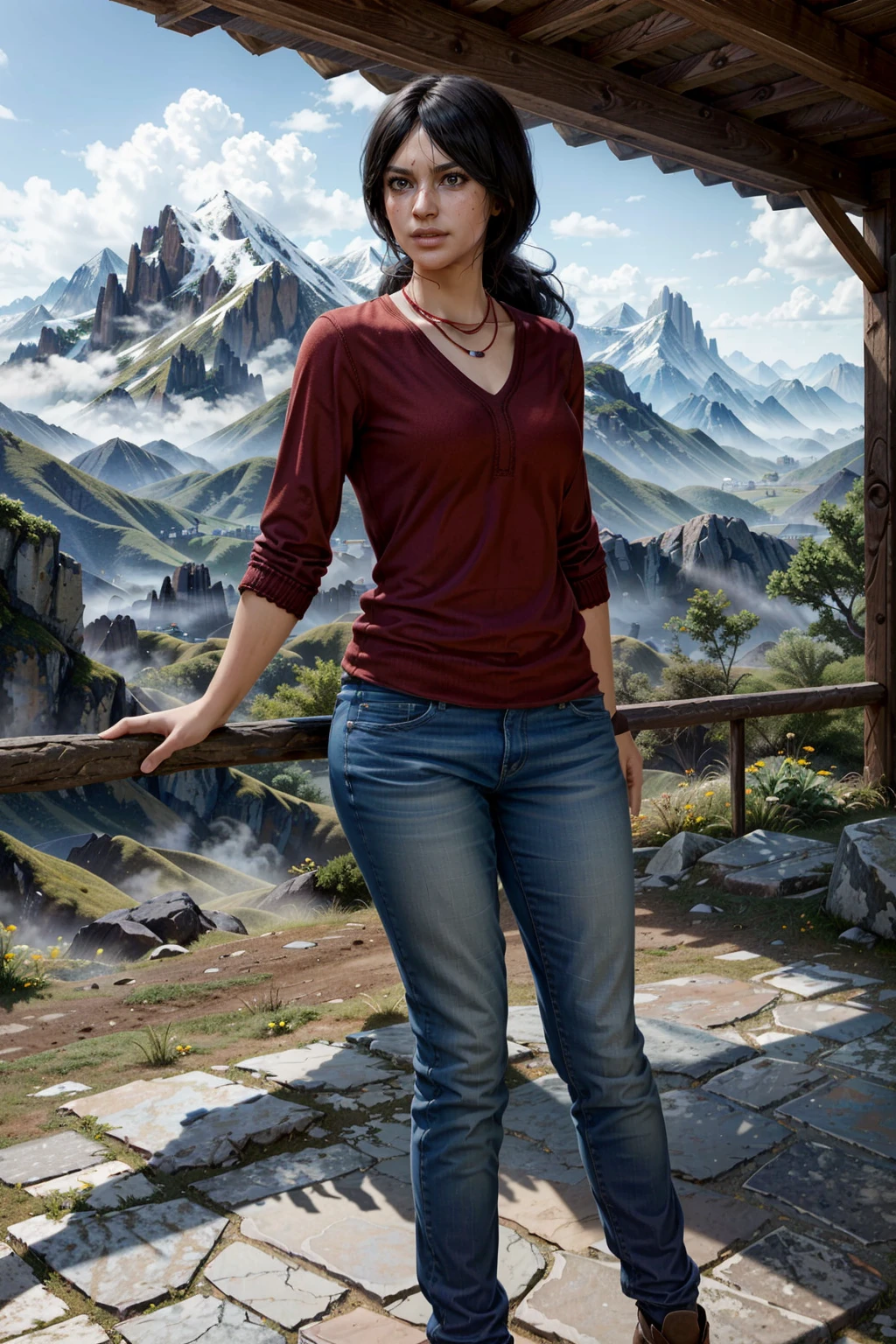 (masterpiece, best quality:1.3)
<lora:epi_noiseoffset2:1> <lora:add_detail:0.7> <lora:UnchartedChloeFrazer:0.8>
UnchartedChloeFrazer, 1girl, solo, long hair, realistic, full body , mountain view, midday, clear and crisp light showcasing expansive vistas rule of thirds, beautiful detailed