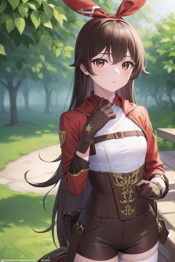 genshinamber, <lora:genshinamber-lora-nochekaiser:1>,
amber, brown hair, long hair, (brown eyes:1.5), hair between eyes, hair ribbon, ribbon, red ribbon, (small breasts:1.2),
BREAK brown shorts, long sleeves, white thighhighs, shorts, thighhighs, jacket, crop jacket, red jacket, corset, gloves, brown gloves,
BREAK outdoors, nature, forest,
BREAK looking at viewer, (cowboy shot:1.5), upper body,
BREAK <lyco:GoodHands-beta2:1>, (masterpiece:1.2), best quality, high resolution, unity 8k wallpaper, (illustration:0.8), (beautiful detailed eyes:1.6), extremely detailed face, perfect lighting, extremely detailed CG, (perfect hands, perfect anatomy),