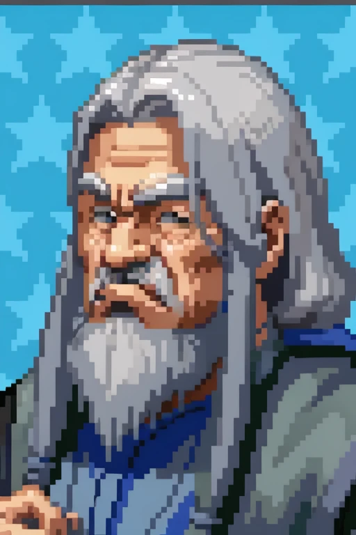 <lora:SNES Super Punch Out Portraits V2-000003:0.75> super_punch_out_portrait, white border, star_patterned_background, boxing glove, green background, 1boy, wizard, old man, grey hair, beard, blue robe, fancy robe, masterpiece, highest quality, highest quality visuals, highest details