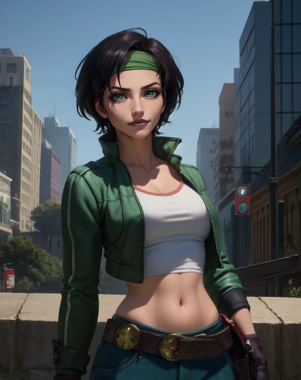jadebge, short black hair, green eyes, solo, upper body, smirk leaning back,
headband,crop top,cropped jacket,fingerless gloves,pants,belt,
city, morning,
(insanely detailed, beautiful detailed face, masterpiece, best quality) cinematic lighting, <lora:JadeBGE-10v6:0.7>