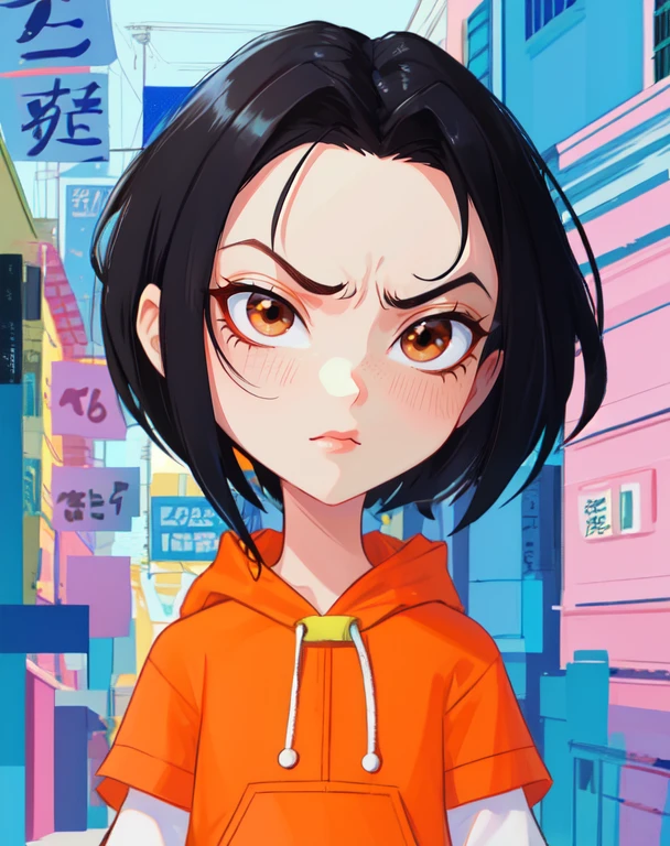 jadechan,short black hair,brown eyes,upper body, serious,
orange short sleeved hoodie,white long sleeves,hood down,sneakers,blue pants,cartoon Hong Kong,morning,(insanely detailed, beautiful detailed face, masterpiece, best quality) <lora:JadeChan-10v6:0.8> solo,