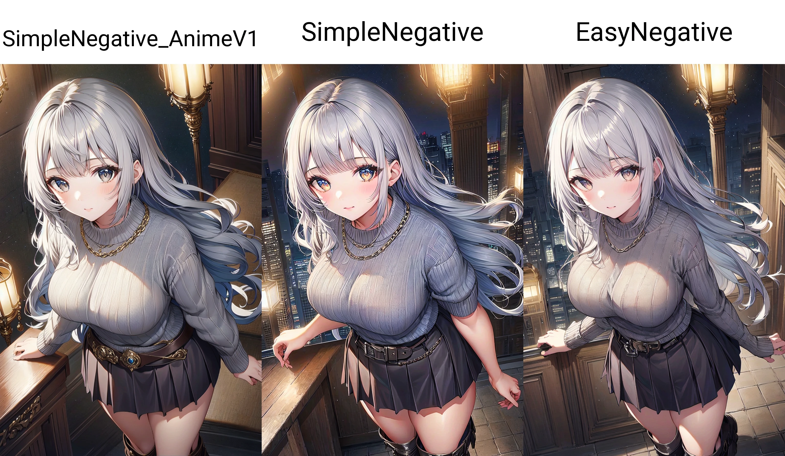 1girl, solo, gray hair, long hair, flipped hair, bangs, ornate sweater pleated skirt chain belt boots, dark home economics room nighttime, from above