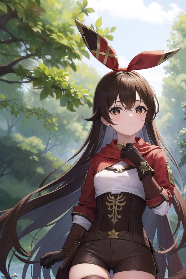 genshinamber, <lora:genshinamber-lora-nochekaiser:1>,
amber, brown hair, long hair, (brown eyes:1.5), hair between eyes, hair ribbon, ribbon, red ribbon, (small breasts:1.2),
BREAK brown shorts, long sleeves, white thighhighs, shorts, thighhighs, jacket, crop jacket, red jacket, corset, gloves, brown gloves,
BREAK outdoors, nature, forest,
BREAK looking at viewer, (cowboy shot:1.5), upper body,
BREAK <lyco:GoodHands-beta2:1>, (masterpiece:1.2), best quality, high resolution, unity 8k wallpaper, (illustration:0.8), (beautiful detailed eyes:1.6), extremely detailed face, perfect lighting, extremely detailed CG, (perfect hands, perfect anatomy),