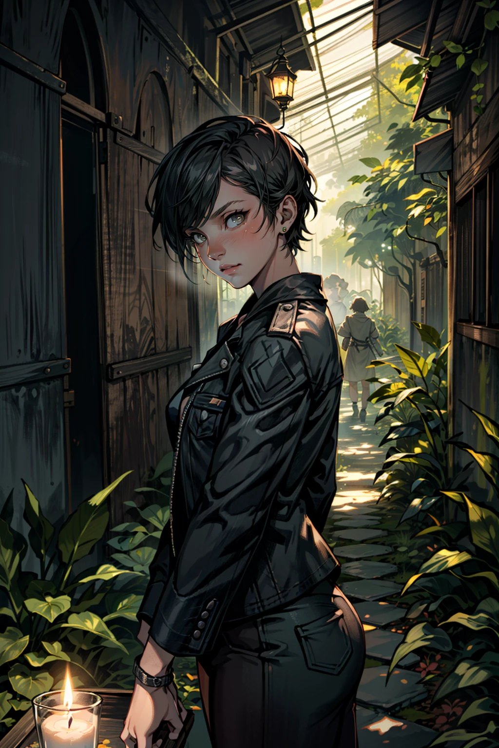 (masterpiece, best quality:1.3) 
<lora:epi_noiseoffset2:1> <lora:add_detail:0.7> <lora:MoiraRE:0.7>
MoiraRE, 1girl, solo, short hair, garden maze, midday, dappled sunlight peeking through leafy green walls muted colors, candle light, detailed, by greg rutkowski, gaston buss