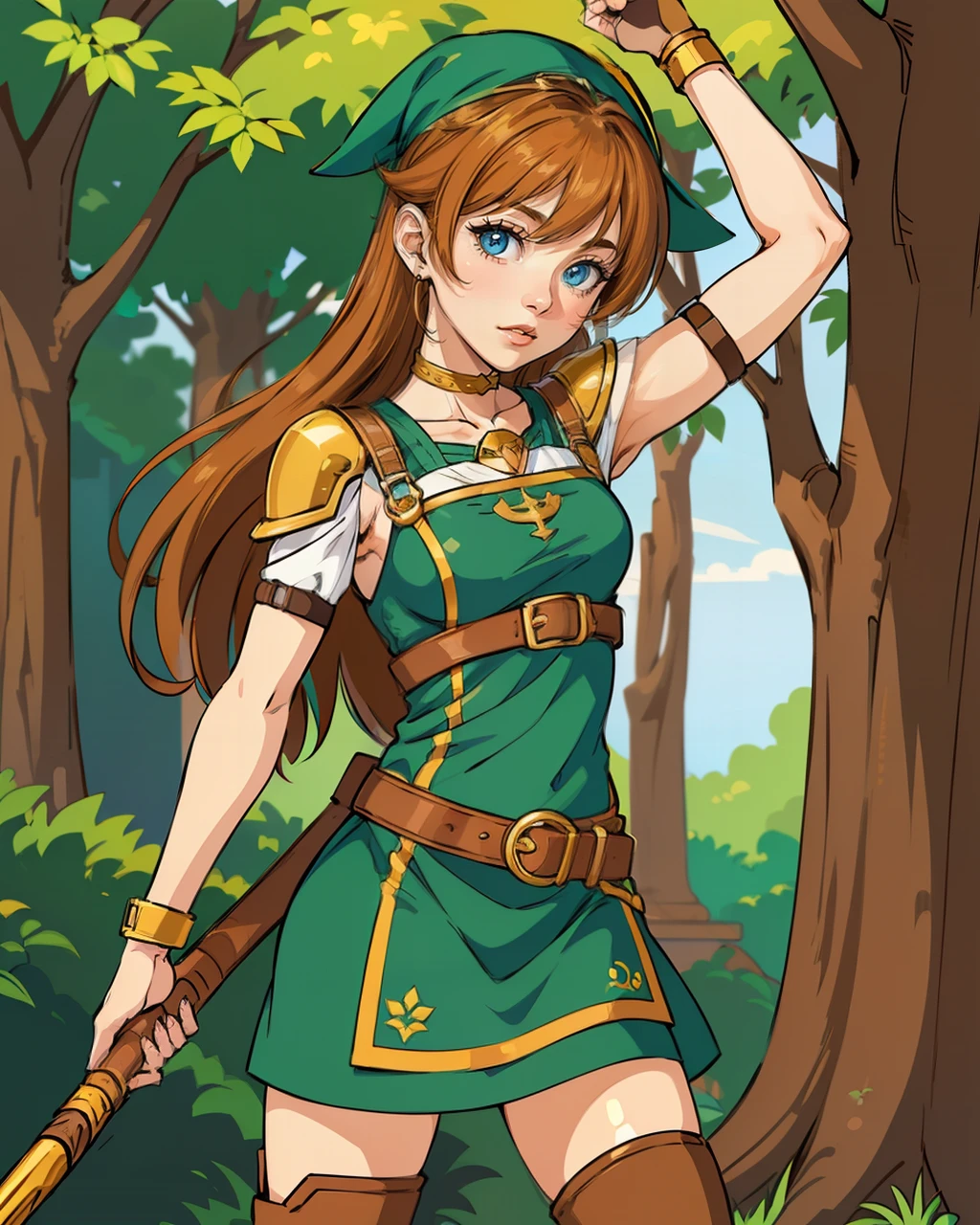 1 girl,  , aia_robina_hood, green bandana, brown leather boots, blue eyes, dark ginger hair,  <lora:Robina_Hood_Adventure_Quest (1):0.5> , Leaning on a wall with one leg bent, looking contemplative, golden pauldrons,, masterpiece, best quality, ultra high res, beautiful, visually stunning,, masterpiece, best quality, ultra high res, beautiful, visually stunning,, masterpiece, best quality, ultra high res, beautiful, visually stunning,, masterpiece, best quality, ultra high res, beautiful, visually stunning,, masterpiece, best quality, ultra high res, beautiful, visually stunning,, masterpiece, best quality, ultra high res, beautiful, visually stunning,, masterpiece, best quality, ultra high res, beautiful, visually stunning,, masterpiece, best quality, ultra high res, beautiful, visually stunning,, masterpiece, best quality, ultra high res, beautiful, visually stunning,, masterpiece, best quality, ultra high res, beautiful, visually stunning,, masterpiece, best quality, ultra high res, beautiful, visually stunning,, masterpiece, best quality, ultra high res, beautiful, visually stunning,, masterpiece, best quality, ultra high res, beautiful, visually stunning,