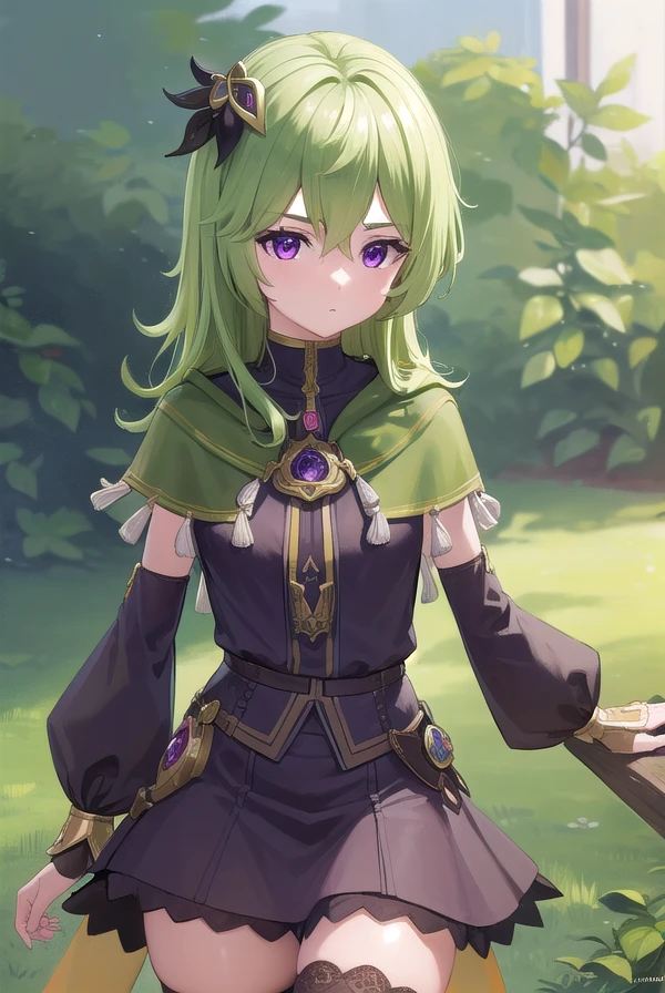 collei, <lora:collei-lora-nochekaiser:1>,
collei, crossed bangs, green hair, hair ornament, medium hair, (purple eyes:1.1), sidelocks,
BREAK black gloves, black skirt, black straps, bridal gauntlets, brown thighhighs, capelet, detached sleeves, gem, gloves, green capelet, green gemstone, jewelry, long sleeves, puffy long sleeves, puffy sleeves, shirt, skirt, sleeveless, sleeveless shirt, thighhighs, zettai ryouiki
BREAK outdoors, nature, forest,
BREAK looking at viewer, (cowboy shot:1.5), upper body,
BREAK <lyco:GoodHands-beta2:1>, (masterpiece:1.2), best quality, high resolution, unity 8k wallpaper, (illustration:0.8), (beautiful detailed eyes:1.6), extremely detailed face, perfect lighting, extremely detailed CG, (perfect hands, perfect anatomy),