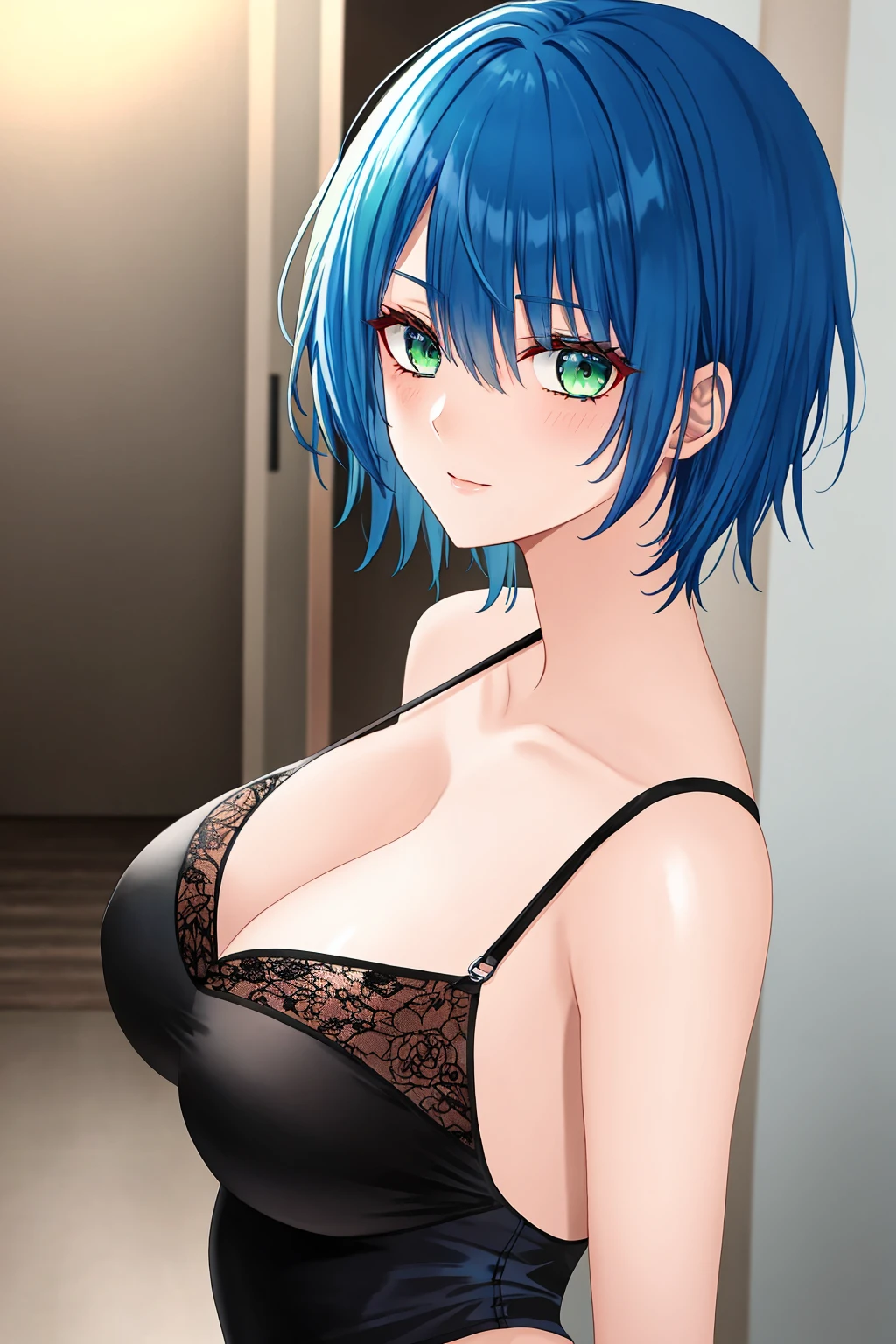 hellandheaven, 1girl, blue_hair, short_hair, green_eyes, indoor