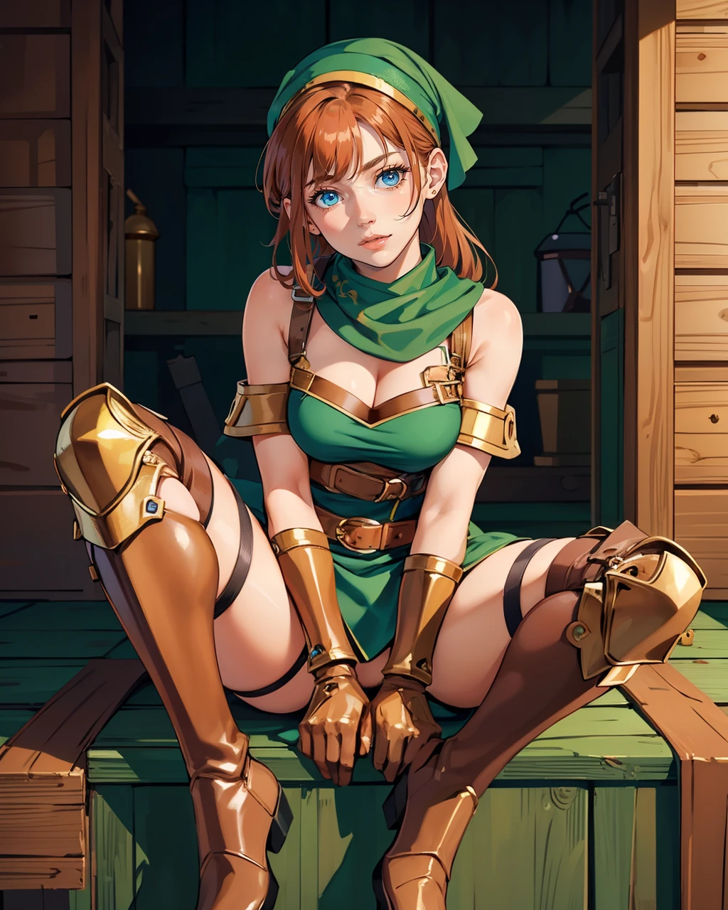 1 girl, , aia_robina_hood, green bandana, brown leather boots, blue eyes, dark ginger hair, <lora:Robina_Hood_Adventure_Quest (1):0.4> , Looking over the shoulder, golden pauldrons,, masterpiece, best quality, ultra high res, beautiful, visually stunning,, masterpiece, best quality, ultra high res, beautiful, visually stunning,, masterpiece, best quality, ultra high res, beautiful, visually stunning,, masterpiece, best quality, ultra high res, beautiful, visually stunning,, masterpiece, best quality, ultra high res, beautiful, visually stunning,, masterpiece, best quality, ultra high res, beautiful, visually stunning,