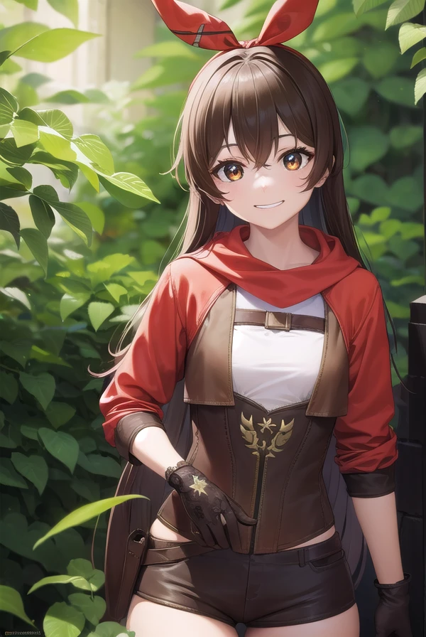 genshinamber, <lora:genshinamber-lora-nochekaiser:1>,
amber, brown hair, long hair, (brown eyes:1.5), hair between eyes, hair ribbon, ribbon, red ribbon, (small breasts:1.2), <lora:talkmouth_I_v100:1>, smile,
BREAK brown shorts, long sleeves, white thighhighs, shorts, thighhighs, jacket, crop jacket, red jacket, corset, gloves, brown gloves,
BREAK outdoors, nature, forest,
BREAK looking at viewer, (cowboy shot:1.5), upper body,
BREAK <lyco:GoodHands-beta2:1>, (masterpiece:1.2), best quality, high resolution, unity 8k wallpaper, (illustration:0.8), (beautiful detailed eyes:1.6), extremely detailed face, perfect lighting, extremely detailed CG, (perfect hands, perfect anatomy),