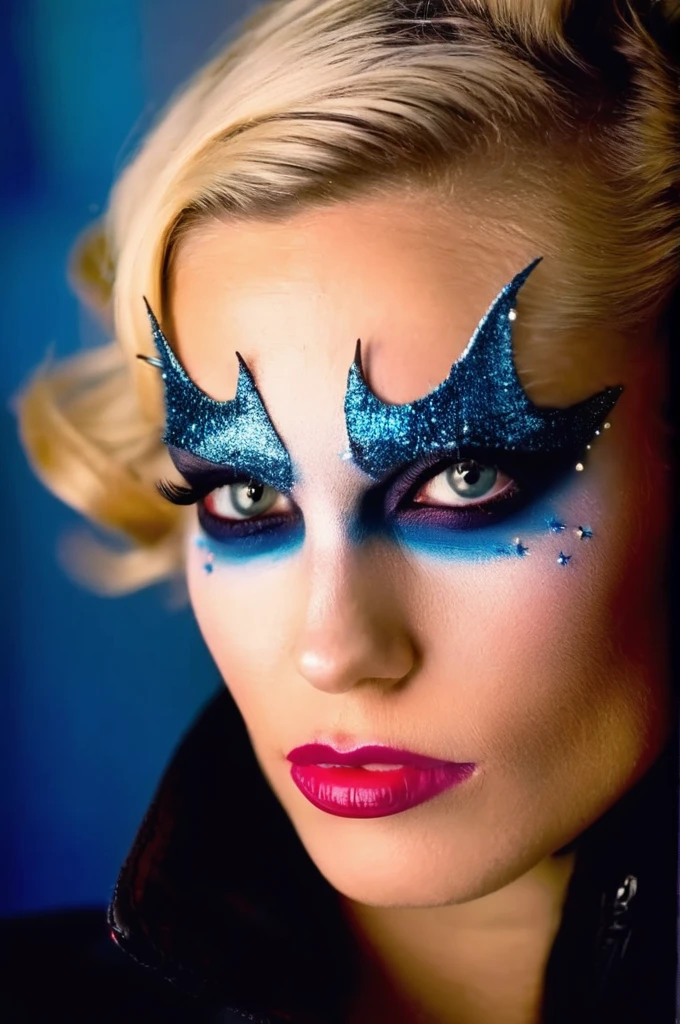 close up portrait photo of an 20 years old european blonde haired woman, enjoying live, style \(artistic face makeup with catwoman motive\),   <lora:makeup_050_cosine_iter2_ 002_sdxl_jugger_10epoches_adafactor-step00005000:1>, cold light