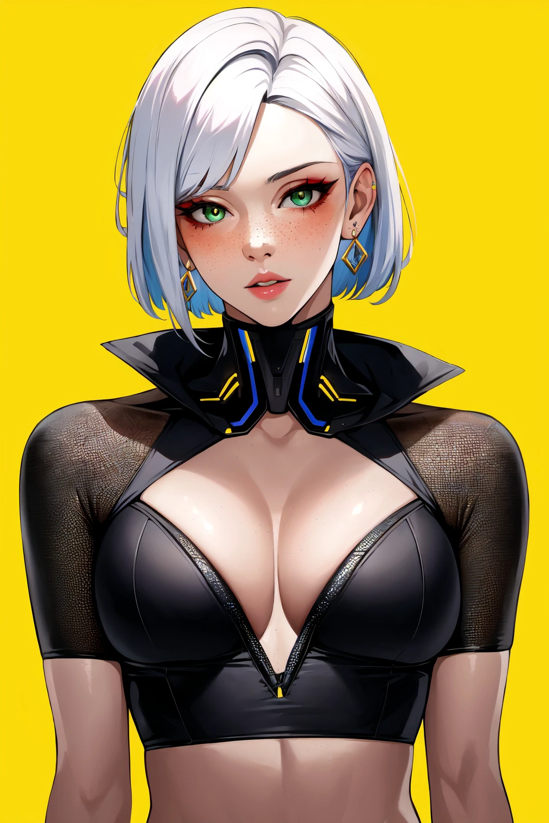 1girl, solo, jewelry, green eyes, white hair, (yellow background), earrings, freckles, lips, cleavage, makeup, looking at viewer, medium breasts, nose, upper body, short hair, parted lips, navel, clothing cutout, android,(cyberpunk:1.2),(science fiction),(mature female:1.1),(masterpiece:1.2),(best quality:1.2), <lora:cyberpunk-v1.5-nai-9ep-resize:0.65>