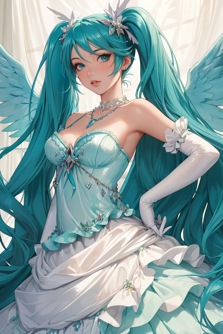 ((Masterpiece, best quality,edgQuality)),Hatsune Miku, aqua hair, twintail
ballgown,edgVS,  elbow gloves, necklace,  hands on hips ,wearing edgVS [lingerie|ballgown],wings
 <lora:edgVAgowns:0.8>