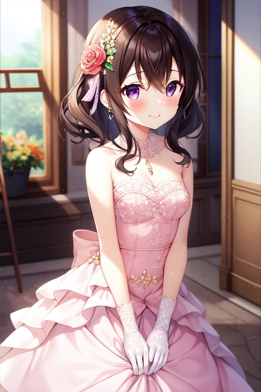 bridal, 1girl, solo, flower, smile, blush, bare shoulders, gloves, purple eyes, jewelry, hair ornament