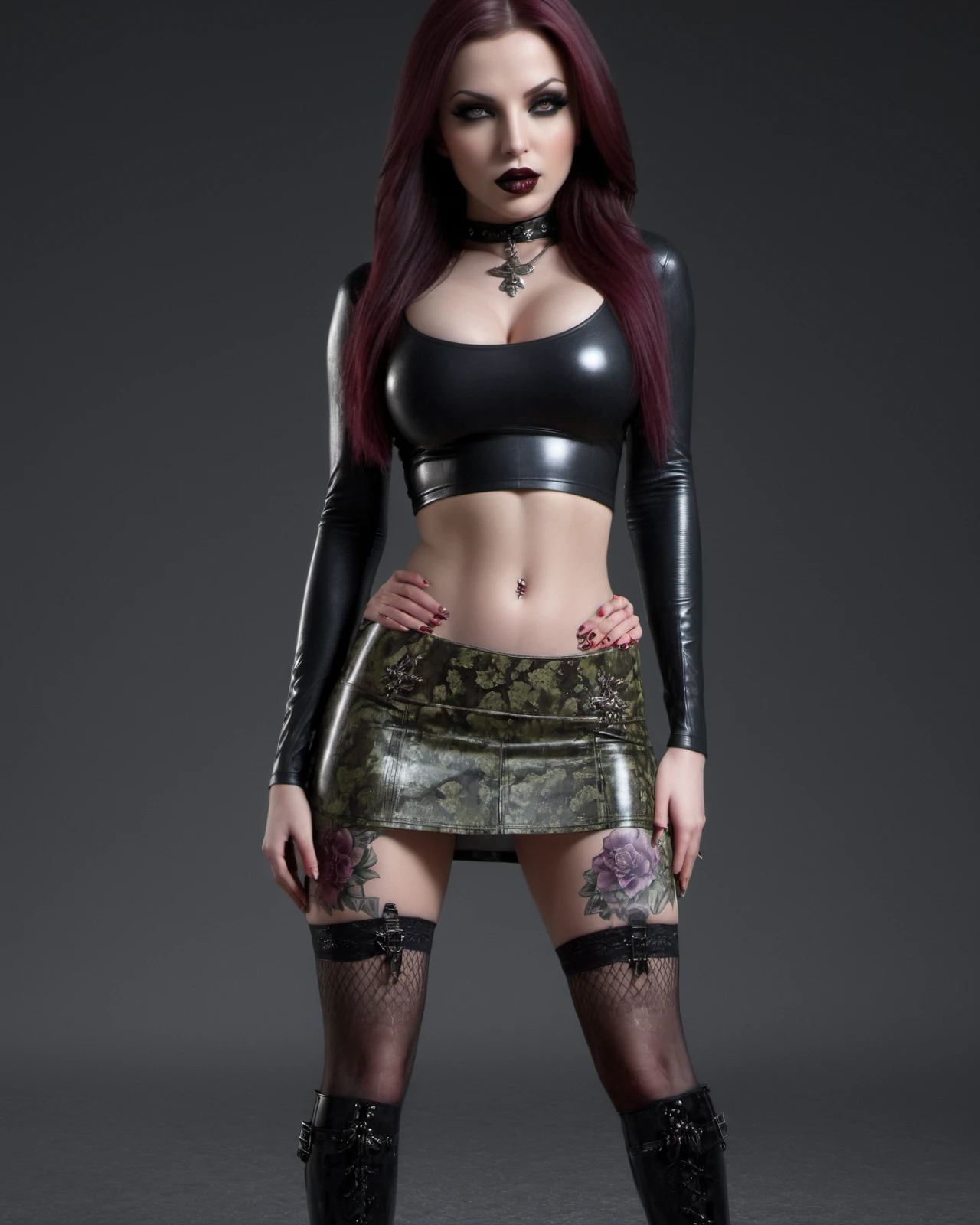 (masterpiece), , (extremely detailed),  (cinematic lighting),(realistic skin texture), (hyperrealistic), (photography),
gothic girl, 
breasts, facial hair, flower, gohic girl, lip piercing, long hair, makeup, piercing, piercings, solo, camo skirt, latex snake skin mini-top,
 extremely short tight straight latex skirt, low cut skirt<lora:MicroSkirt_XL:1.9>