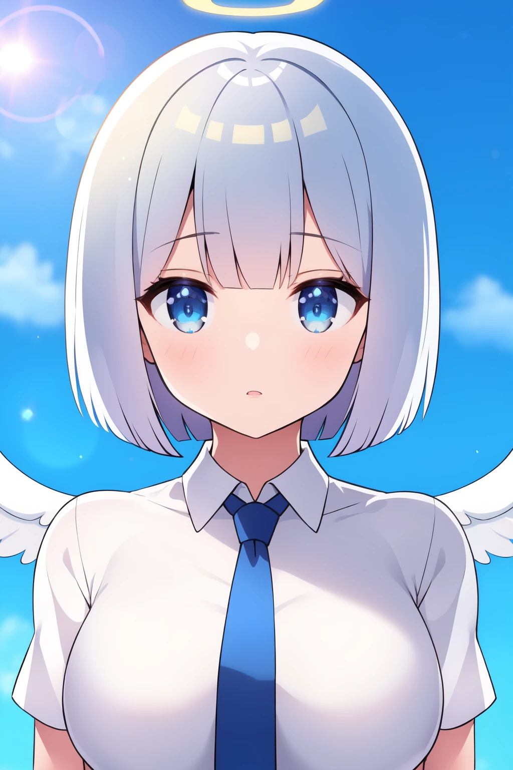 masterpiece, best quality, cute, petite,
short hair, bob cut, silver hair, blue eyes, shirt, necktie, large breasts, (angel wings:1.1), halo,
wind, looking at viewer, lens flare, portrait,