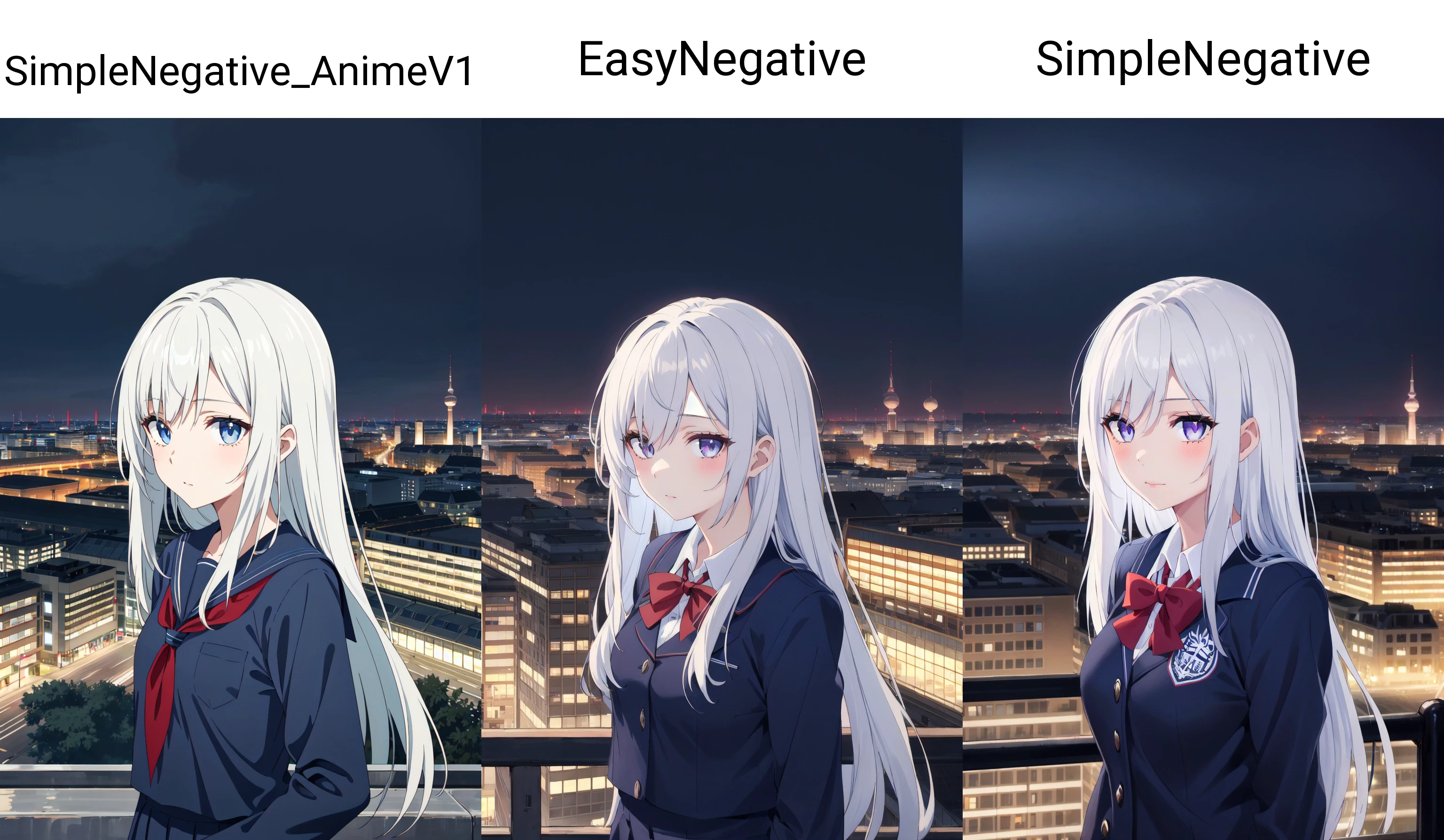1girl, upper body,white long straight hair,indigo eye, school uniform, dark Berlin city evening,