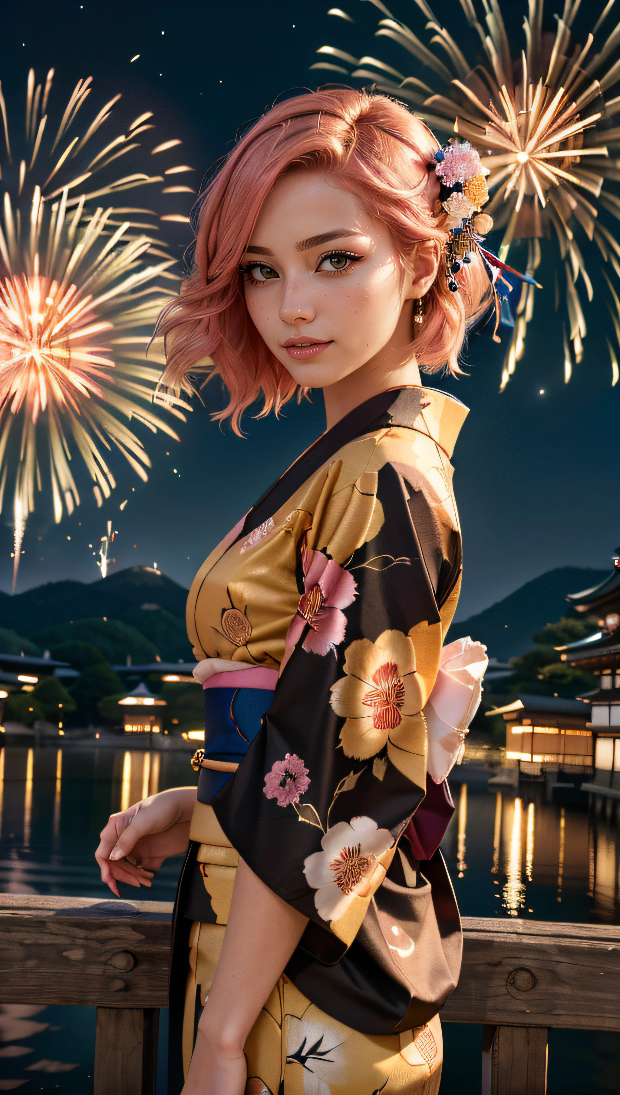 (best quality, masterpiece, colorful, dynamic angle, highest detailed) Realistic photo, fashion photography of a cute European girl with iridiscent pink hair, flirting with POV, in traditional japanese gold&black kimono, ultra detailed kimono textures, night, kyoto, fireworks, (intricate details, hyperdetailed:1.15), detailed, moonlight passing through hair, (official art, extreme detailed, highest detailed), HDR