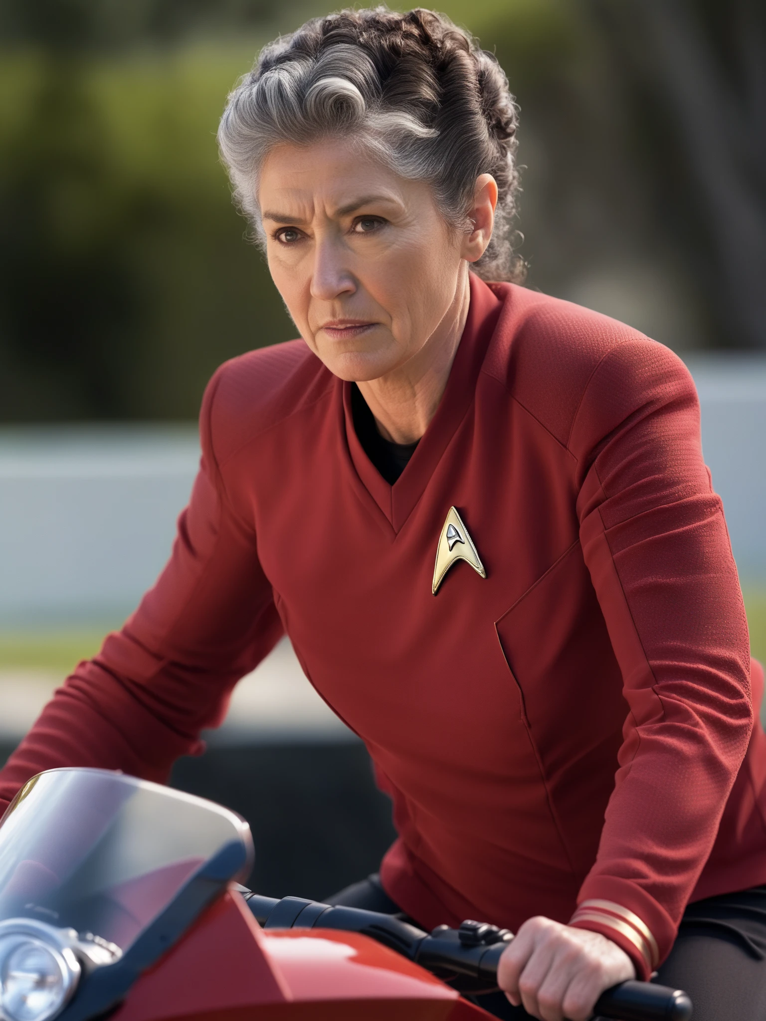 in red stsnwunf uniform,older woman,curly hair,riding a motorcycle<lora:DSSNWXL:0.8>