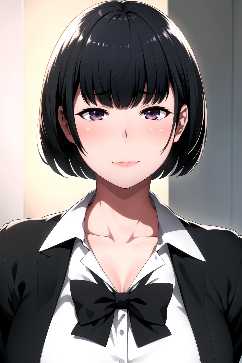 Simple White Background,
Black_jacket, long sleeves, White shirt,red bowtie, pleated skirt,
<lora:Yukiko_WannaSee-V1:0.7>,
black_hair, short_hair,blunt bangs,Black eyes,
<lora:Oda_Non_Style-KK77-V2:0.3>,<lora:more_details:0.1>,
1 girl, 20yo,Young female,Beautiful Finger,Beautiful long legs,Beautiful body,Beautiful Nose,Beautiful character design, perfect eyes, perfect face,expressive eyes,perfect balance,
looking at viewer,(Focus on her face),closed mouth, (innocent_big_eyes:1.0),(Light_Smile:0.3),
official art,extremely detailed CG unity 8k wallpaper, perfect lighting,Colorful, Bright_Front_face_Lighting,White skin,
(masterpiece:1.0),(best_quality:1.0), ultra high res,4K,ultra-detailed,
photography, 8K, HDR, highres, absurdres:1.2, Kodak portra 400, film grain, blurry background, bokeh:1.2, lens flare, (vibrant_color:1.2),professional photograph,
(Beautiful,large_Breasts:1.4), (beautiful_face:1.5),(narrow_waist),