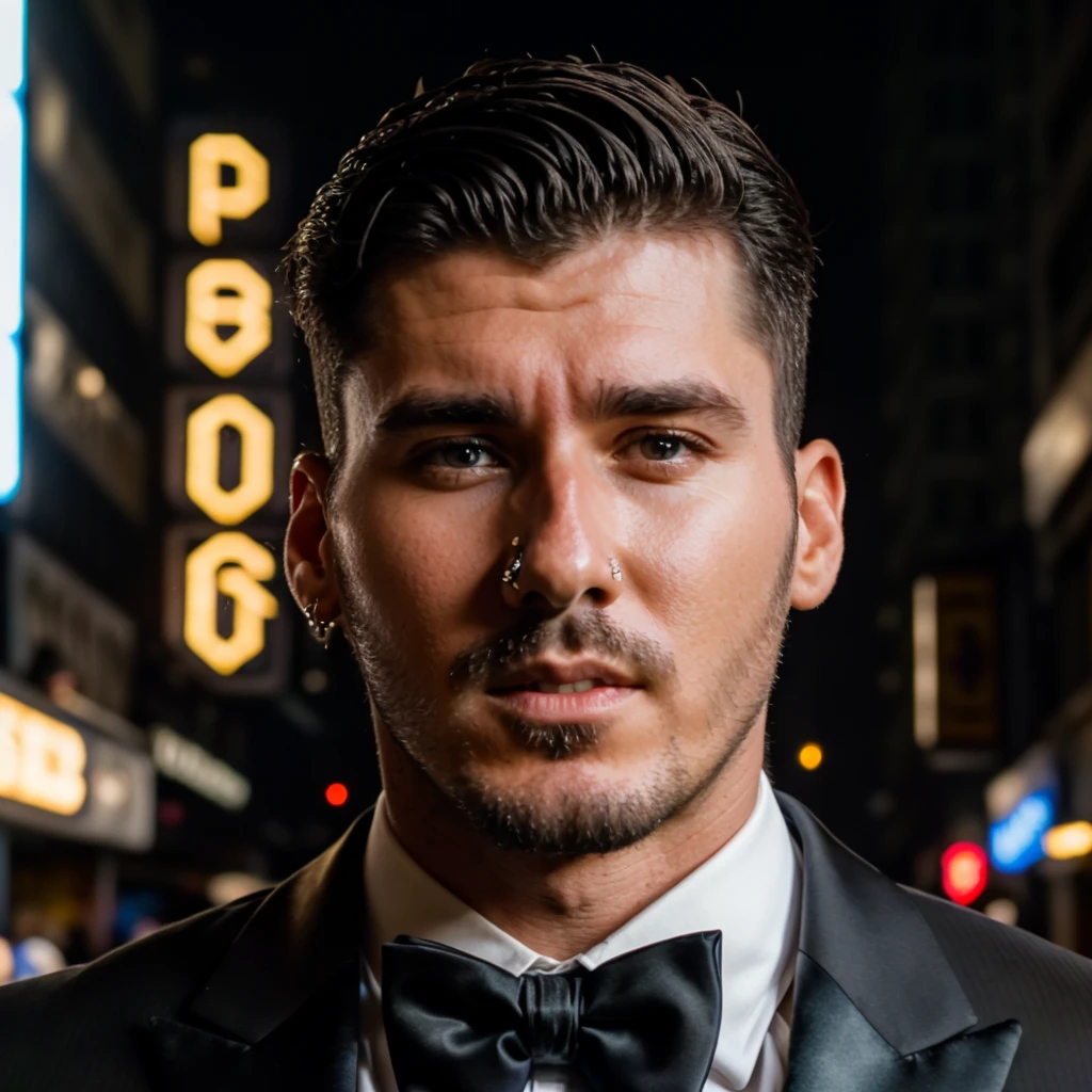 face portrait of nimaidelgado person using a tuxedo, in blade runner, professional photography, high resolution, 4k, detailed photo, <lora:nimaidelgado_27900:1>