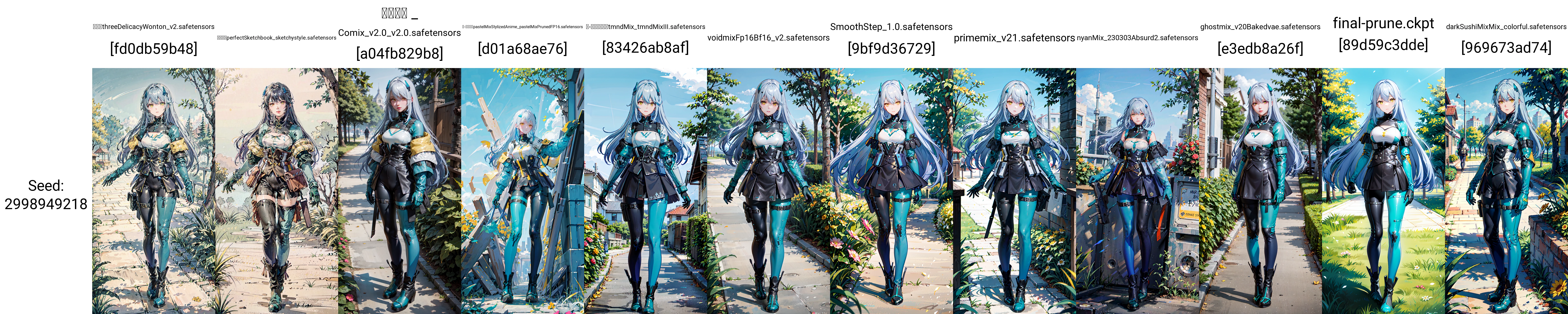 LYFEB, tactical_bodysuit, asymmetrical_leggings, boots, hairclip, gloves, light_blue_hair, long_hair, yellow_eyes, looking at viewer, 1girl, standing, outdoors, park, day, dappled_sunlight, trees, flowers, blue_sky, (masterpiece,best quality,beautiful and aesthetic:1.2), <lora:LYFEB-v1:0.7>