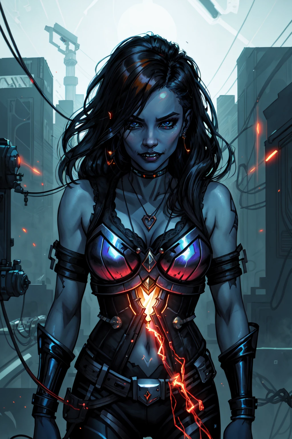 Marceline from adventure time, 1girl, female focus, black hair, colored skin, blue skin, vampire, fangs, black eyes, crown, vampire queen, flowing long hair, extreme light and shadow, rim lighting, side lighting, rim lighting, detailed face ,detailed eyes, detailed hair, tone mapping , specular highlights, ultra detailed, 2k cg detailed wallpaper, masterpiece, best quality, official art,cyberpunk wires, sparks, electricity, post apocalyptic,