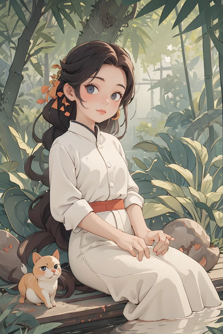 masterpiece,best quality,high quality,1girl,13 year old girl,white shirt,beauty,(trees:0.5),(flowers:0.6),(birds:0.2),(bamboo0.1),lakes,Hangzhou,looking at viewer,<lora:anxiang:0.7>,<lora:GoodHands-beta2:1>,