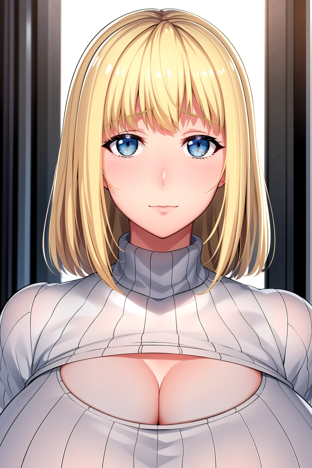 Simple White Background,
Grey_turtleneck, cleavage_cutout, clothing_cutout, meme_attire, open-chest_sweater, ribbed_sweater,
 <lora:Suzumura_Arisa-V1:0.75>,
blonde_hair,blue_eyes,bangs,Short hair, 
<lora:Oda_Non_Style-KK77-V2:0.2>,<lora:more_details:0.1>,
1 girl, 20yo,Young female,Beautiful Finger,Beautiful long legs,Beautiful body,Beautiful Nose,Beautiful character design, perfect eyes, perfect face,expressive eyes,perfect balance,
looking at viewer,(Focus on her face),closed mouth, (innocent_big_eyes:1.0),(Light_Smile:0.3),
official art,extremely detailed CG unity 8k wallpaper, perfect lighting,Colorful, Bright_Front_face_Lighting,White skin,
(masterpiece:1.0),(best_quality:1.0), ultra high res,4K,ultra-detailed,
photography, 8K, HDR, highres, absurdres:1.2, Kodak portra 400, film grain, blurry background, bokeh:1.2, lens flare, (vibrant_color:1.2),professional photograph,
(Beautiful,large_Breasts:1.4), (beautiful_face:1.5),(narrow_waist),