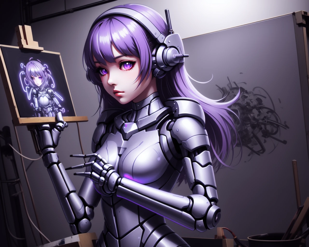 <lora:artist_hands_v2:0.5>, detailed purple cyberpunk android girl shaped illustration, holding paintbrush, painting (action), neon art brush, holding neon paintbrush, android, (mechanical arms:1.3), drawing