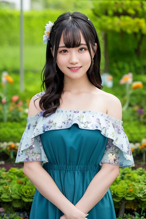 1girl, (wearing a off-the-shoulder dress:1.4),(RAW photo, best quality), (realistic, photo-realistic:1.4), masterpiece, an extremely delicate and beautiful, extremely detailed, 2k wallpaper, Amazing, finely detail, extremely detailed CG unity 8k wallpaper, ultra-detailed, highres, soft light, beautiful detailed girl, extremely detailed eyes and face, beautiful detailed nose, beautiful detailed eyes,cinematic lighting,(in the flower garden:2.0),perfect anatomy,slender body,smiling,(close up:1.6),(look at viewer),(front view:2.0),cinematic angle,(cleavage:0.6),(wavy hair),(brown eyes:1.2), <lora:komoriyuri_lora-02:0.8>