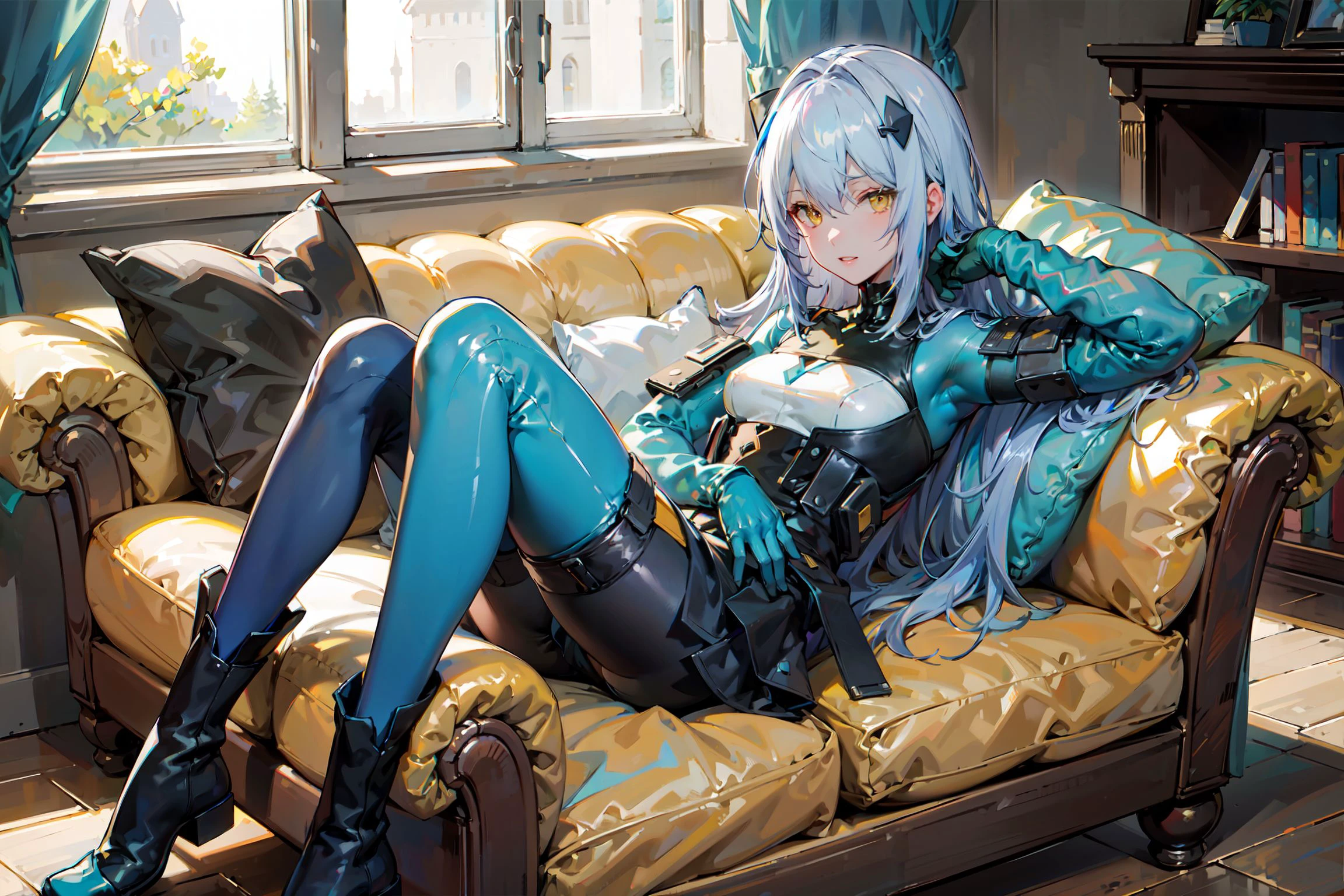 LYFEB, tactical_bodysuit, asymmetrical_leggings, boots, hairclip, gloves, light_blue_hair, long_hair, yellow_eyes, looking at viewer, naughty face, 1girl, lying on sofa, living_room, day, dappled_sunlight, window, blue_sky, (masterpiece,best quality,beautiful and aesthetic:1.2), <lora:LYFEB-v1:0.7>