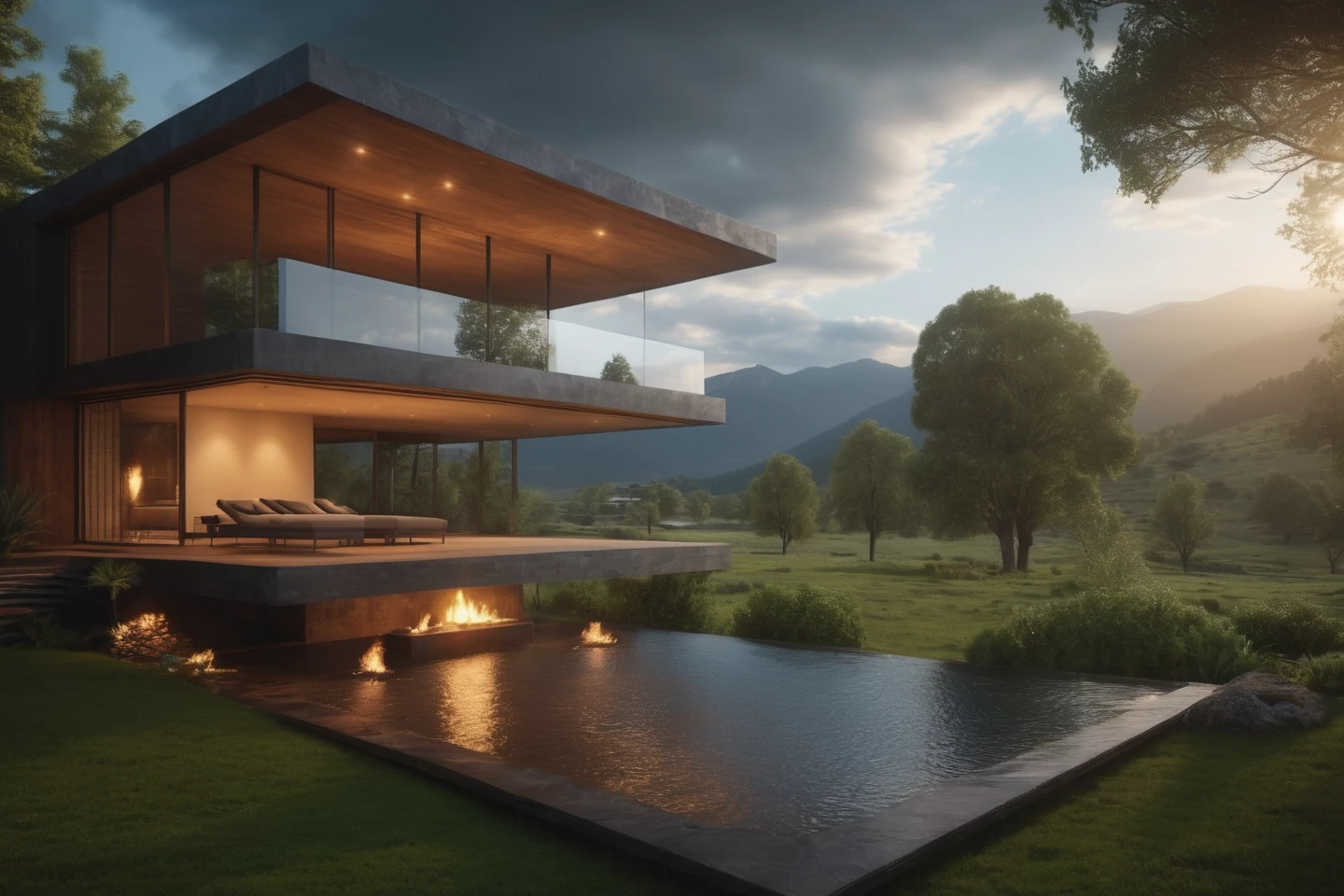 Unparalleled masterpiece, (photorealistic:1.4), best quality, beautiful lighting, (hot spring), (extremely detailed 8k wallpaper), full shot landscape photo of the most beautiful artwork in the world, cloudy sky background lush landscape house and trees illustration concept art
