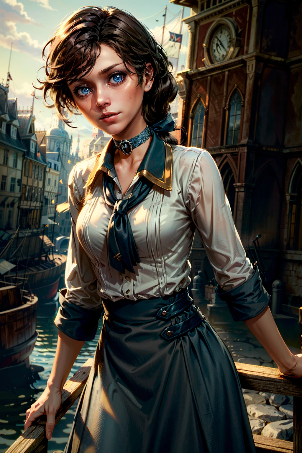 (masterpiece, best quality:1.3)
<lora:epi_noiseoffset2:1> <lora:add_detail:0.7> <lora:BioshockElizabeth:0.8>
BioshockElizabeth, 1girl, solo, long hair, blue eyes, skirt, brown hair, shirt, black hair, outdoors, choker, realistic, ponytail