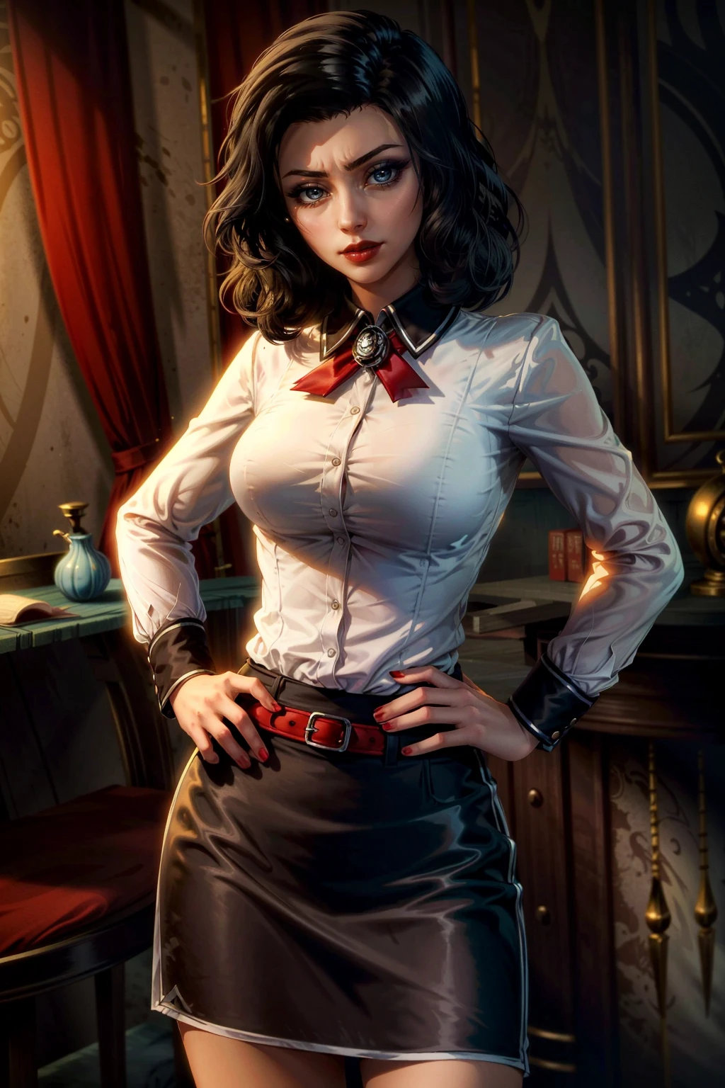 3l1z4b3th_bas, black hair, blue eyes, white shirt, pencil skirt, red lipstick, makeup, pantyhose, detailed face, smooth shading, beautiful eyes