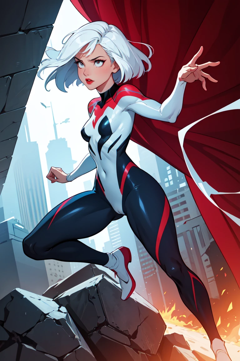masterpiece, best quality, (1girl, full body), action scene, dynamic pose, spider gwen, white hair, Cute Loose Bob hairstyle, red lips, small breasts, toned, dramatic lighting,scenery,<lora:GoodHands-beta2:1>,
