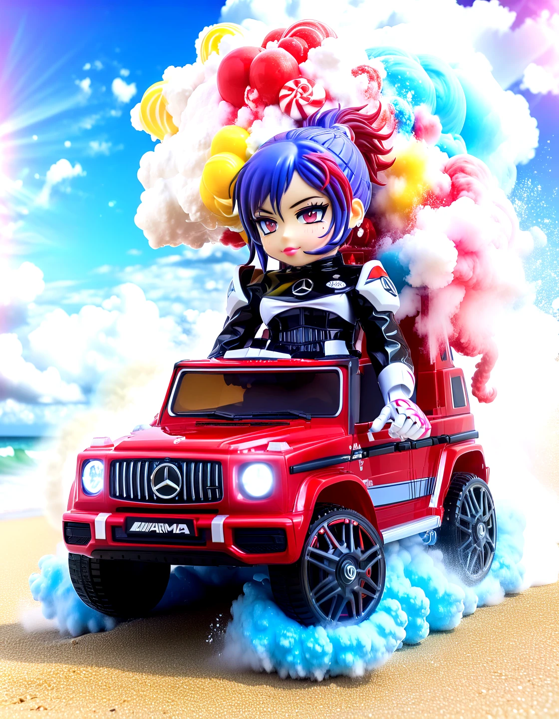 Ankama vivid animation style Erza Scarlet (riding:1.15) a (mg63:1.15),at a beach,latex racesuit, candy cotton clouds,glittebomb explosion, smoke, half robot face, mechanical arm, biomechanical, (masterpiece:1.05),,,. Vibrant colors, expansive storyworlds, stylized characters, flowing motion